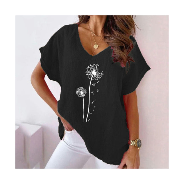 Women Summer Cotton Linen Short Sleeve V Neck Loose Fit Tops Print T-Shirts