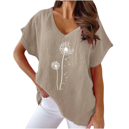 Women Summer Cotton Linen Short Sleeve V Neck Loose Fit Tops Print T-Shirts