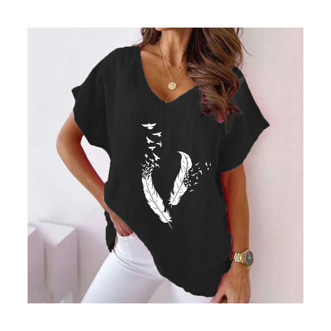 Womens Short Sleeve Cotton Linen Shirts Causal Summer V-Neck Batwing T-Shirt Loose Tops