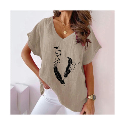 Womens Short Sleeve Cotton Linen Shirts Causal Summer V-Neck Batwing T-Shirt Loose Tops