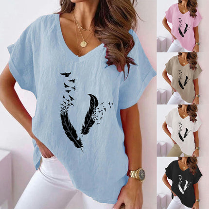 Womens Short Sleeve Cotton Linen Shirts Causal Summer V-Neck Batwing T-Shirt Loose Tops