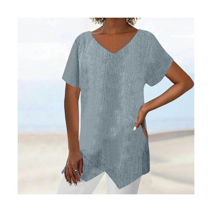 Womens Short Sleeve V Neck Shirts Asymmetrical Hem Cotton Linen Tops