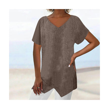 Womens Short Sleeve V Neck Shirts Asymmetrical Hem Cotton Linen Tops