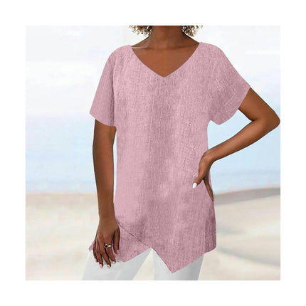 Womens Short Sleeve V Neck Shirts Asymmetrical Hem Cotton Linen Tops