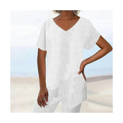 Womens Short Sleeve V Neck Shirts Asymmetrical Hem Cotton Linen Tops