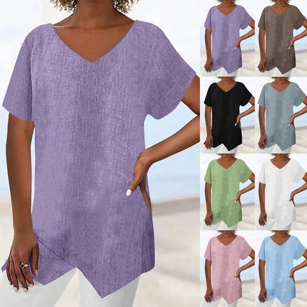 Womens Short Sleeve V Neck Shirts Asymmetrical Hem Cotton Linen Tops