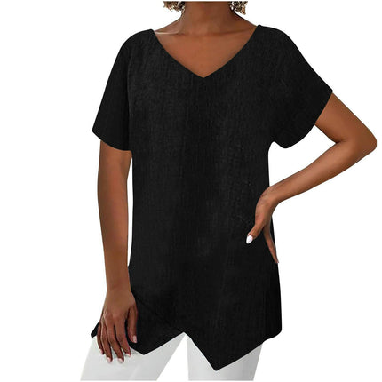 Womens Short Sleeve V Neck Shirts Asymmetrical Hem Cotton Linen Tops