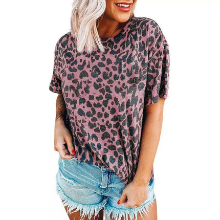 Women Summer Short Sleeve Round Neck T-Shirts Leopard Printed Loose Fit Tops