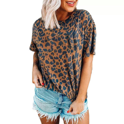 Women Summer Short Sleeve Round Neck T-Shirts Leopard Printed Loose Fit Tops