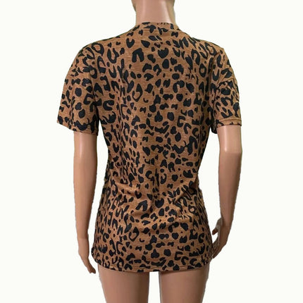 Women Summer Short Sleeve Round Neck T-Shirts Leopard Printed Loose Fit Tops