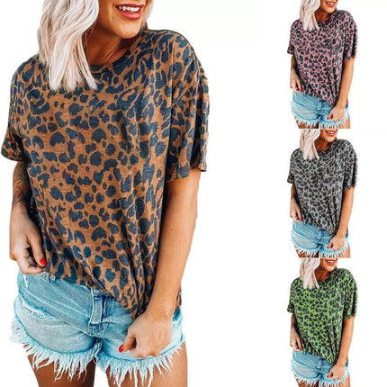 Women Summer Short Sleeve Round Neck T-Shirts Leopard Printed Loose Fit Tops