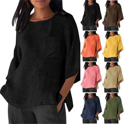 Cotton Linen Tops for Women Summer Casual Round Neck 3/4 Sleeve T Shirts