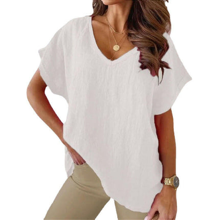 Womens Batwing Short Sleeve Cotton Linen Summer Shirts V-Neck T-Shirt Loose Tops