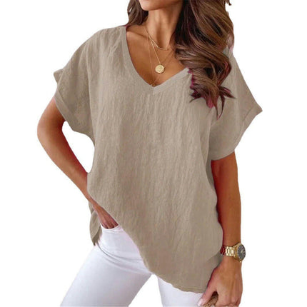 Womens Batwing Short Sleeve Cotton Linen Summer Shirts V-Neck T-Shirt Loose Tops