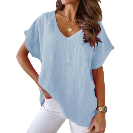 Womens Batwing Short Sleeve Cotton Linen Summer Shirts V-Neck T-Shirt Loose Tops