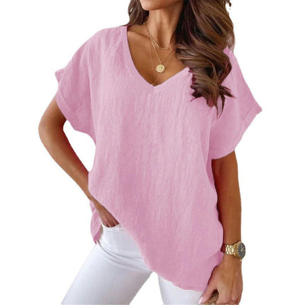 Womens Batwing Short Sleeve Cotton Linen Summer Shirts V-Neck T-Shirt Loose Tops