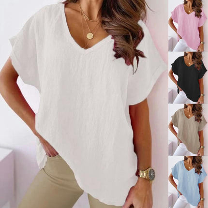 Womens Batwing Short Sleeve Cotton Linen Summer Shirts V-Neck T-Shirt Loose Tops