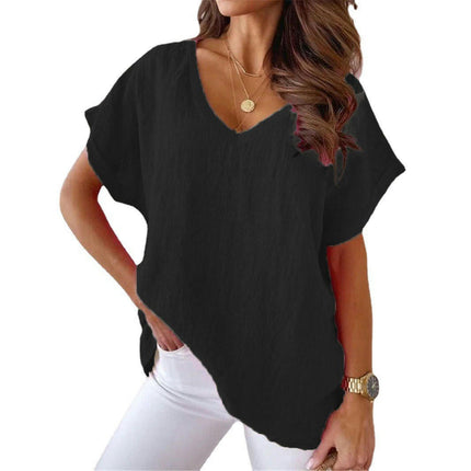 Womens Batwing Short Sleeve Cotton Linen Summer Shirts V-Neck T-Shirt Loose Tops