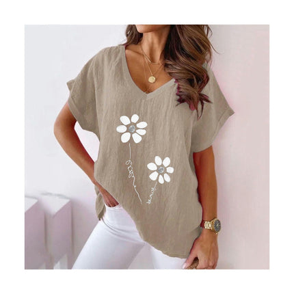 Womens Printed Batwing Short Sleeve Cotton Linen Summer Shirts V-Neck T-Shirt Loose Tops