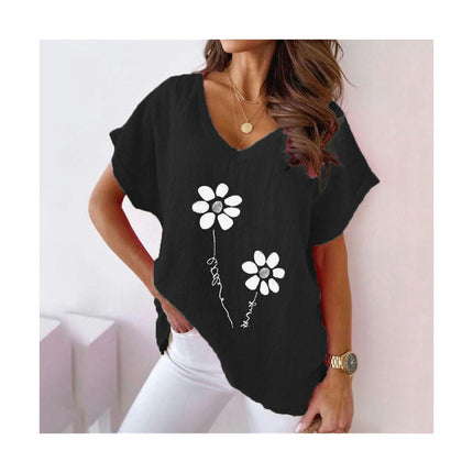 Womens Printed Batwing Short Sleeve Cotton Linen Summer Shirts V-Neck T-Shirt Loose Tops