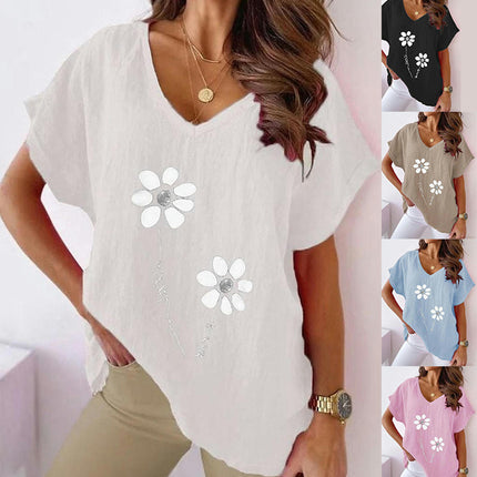 Womens Printed Batwing Short Sleeve Cotton Linen Summer Shirts V-Neck T-Shirt Loose Tops