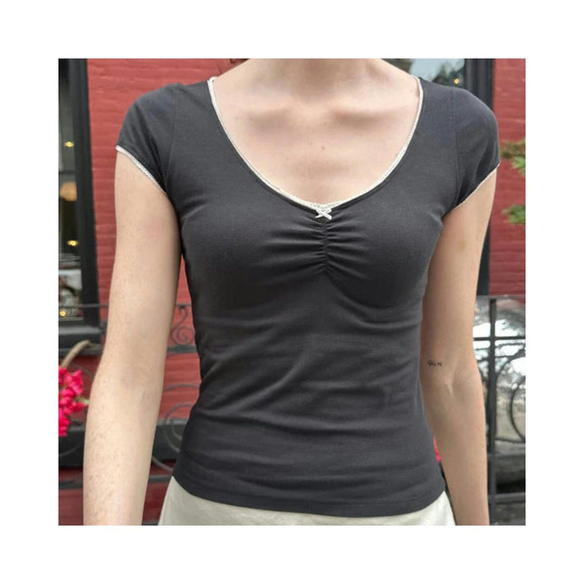 Women's Ruched V Neck Fitted Shirt Short Sleeves Summer T Shirt Crop Tops