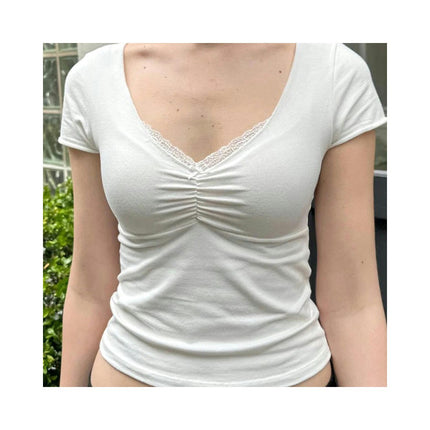 Women's Ruched V Neck Fitted Shirt Short Sleeves Summer T Shirt Crop Tops