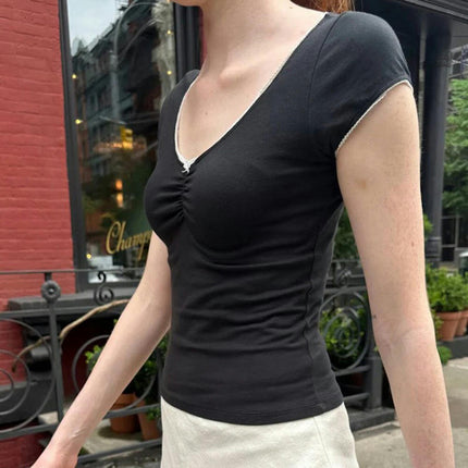 Women's Ruched V Neck Fitted Shirt Short Sleeves Summer T Shirt Crop Tops