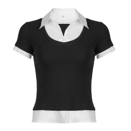 Women's Color Block Fake Two-Piece T Shirt Short Sleeve Collared Summer Tee Tops