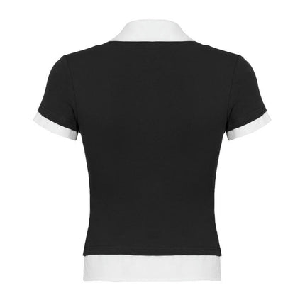 Women's Color Block Fake Two-Piece T Shirt Short Sleeve Collared Summer Tee Tops