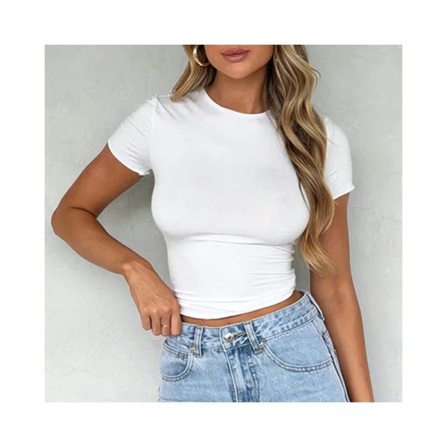 Womens Basic Short Sleeve Crew Neck T Shirt Slim Fit Tees Going Out Crop Tops