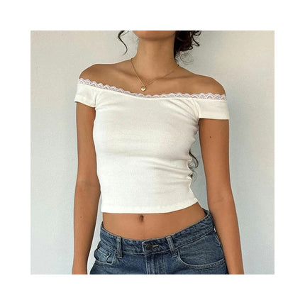 Womens Off-Shoulder Short Sleeve T Shirt Slim Fit Tees Going Out Crop Tops