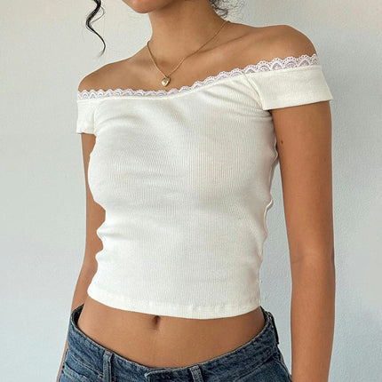 Womens Off-Shoulder Short Sleeve T Shirt Slim Fit Tees Going Out Crop Tops