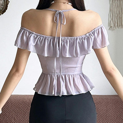 Women's Off Shoulder Ruffle Trim Blouse Short Sleeve Chiffon Tops