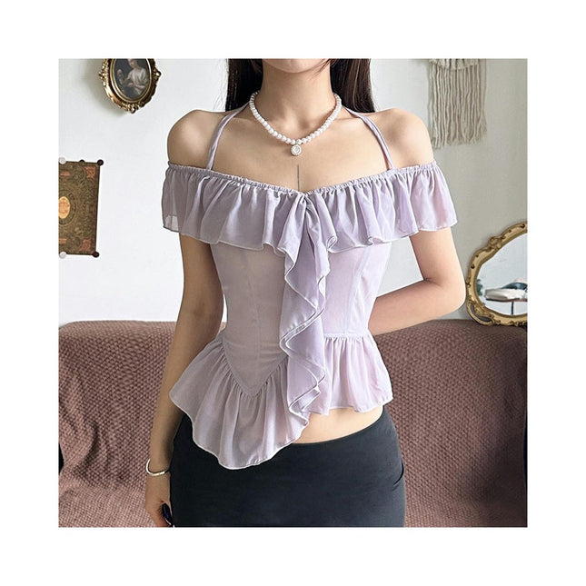 Women's Off Shoulder Ruffle Trim Blouse Short Sleeve Chiffon Tops