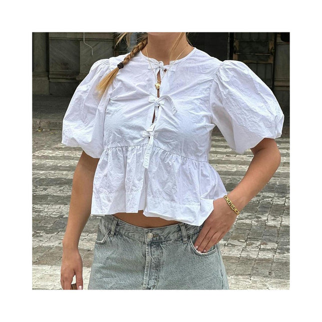 Womens Tie Front Crew Neck Ruffle Hem Puff Short Sleeve Cropped Top Babydoll Blouse