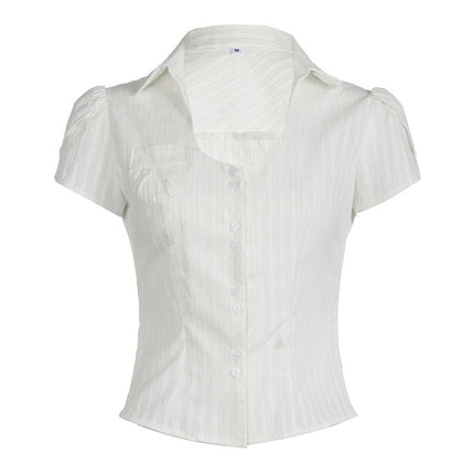 Womens Button Down Shirts Short Sleeve Summer V Neck Collared Stripes Fitted Blouses Tops