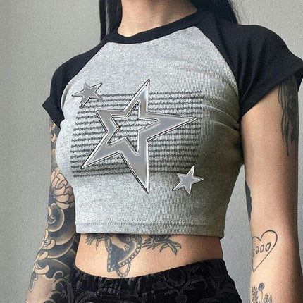 Women's Short Sleeve T Shirts Crewneck Color Block Crop Tops Slim Fit Shirts