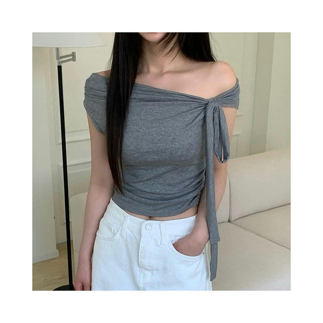 Women's Off Shoulder Ruched Blouse Short Sleeve Slim Fit Crop Tops