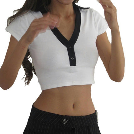 Women's Color Block Polo Shirt Short Sleeve Collared Summer Tee Crop Tops