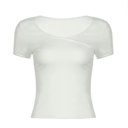 Women's Crop Tops Casual Short Sleeve Lace Trim Tee Tops V Neck T Shirts