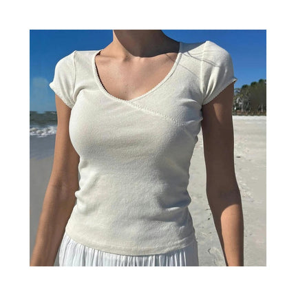 Women's Crop Tops Casual Short Sleeve Lace Trim Tee Tops V Neck T Shirts