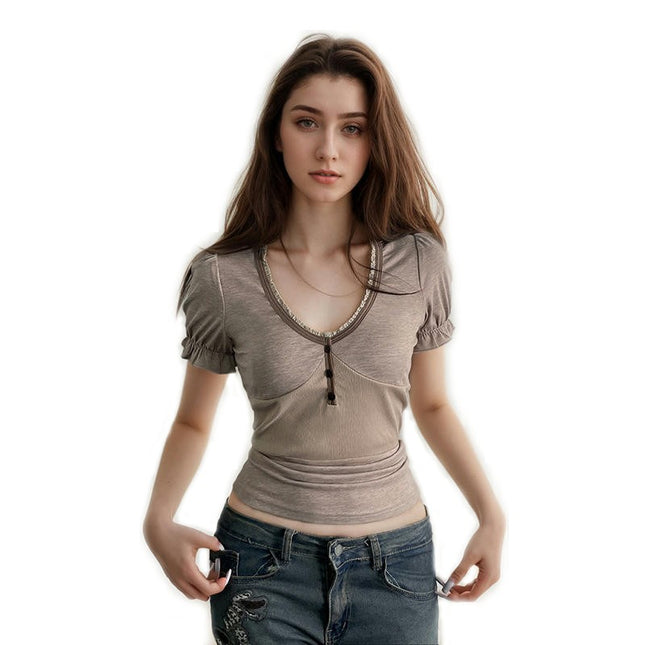 Women's Crop Tops Casual Puff Short Sleeve Lace Trim Tee V Neck T Shirts