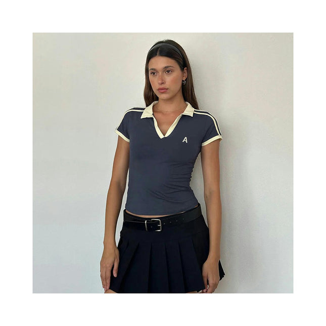 Women's Collar V Neck Short Sleeve Crop Tee Tops Color Block Polo Shirt