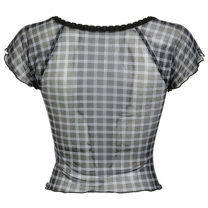 Women Slim Fit Basic Crop Tops Short Sleeve Ruffle Trim Mesh See Through T-Shirts