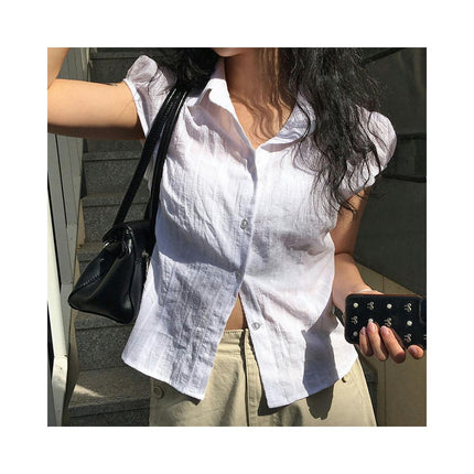 Women's Collar V Neck Short Sleeve Crop Tops Summer Button Down Slim Fit Shirt