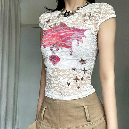 Women's Sheer Mesh Short Sleeve Crop Top Crewneck Summer Sexy Lace See Through Shirts