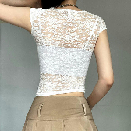 Women's Sheer Mesh Short Sleeve Crop Top Crewneck Summer Sexy Lace See Through Shirts