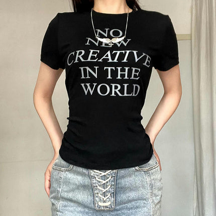 Women's Basic Letter Print Short Sleeve Tee Shirt Top Crewneck Slim Fit T-Shrits