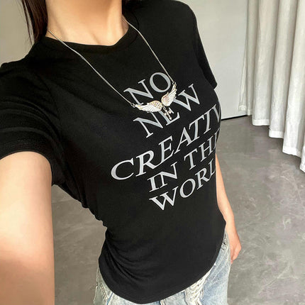 Women's Basic Letter Print Short Sleeve Tee Shirt Top Crewneck Slim Fit T-Shrits